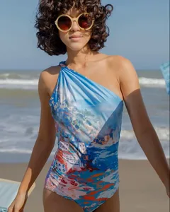 Low MOQ Manufacturer Custom Women's One Shoulder Triangle Micro Mini Floral Seamless One-Piece Swimsuit with Back Crossover