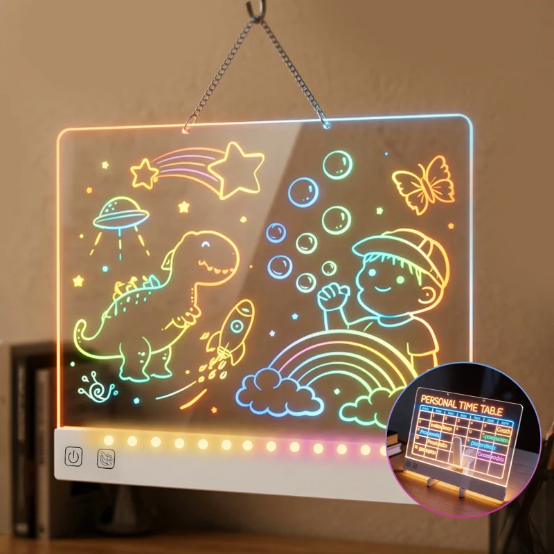 Colorful Acrylic Light-Up Drawing Board with Hanging Chain Rechargeable LED Memo Board for 5 to 7 Years