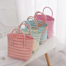Summer Hand Woven Handbag Square Little Basket 2024 New Straw Cute Colorful Bags Hundred Collision Color Holiday Beach Bag