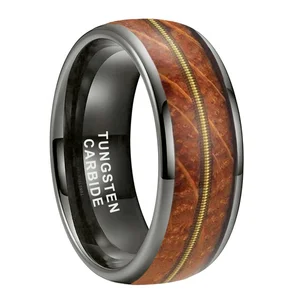 Coolstyle Jewelry 8mm Whisky Wood Guitar String Inlay Gunmetal Tungsten Ring for Men Women Fashion Engagement Wedding Band