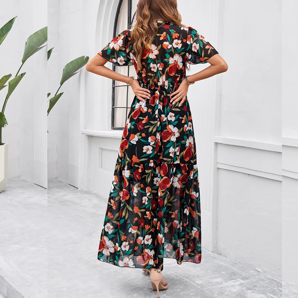 Custom Women Floral Maxi Dress V-Neck Short Sleeve Empire Waist Summer  Dress Chiffon Boho Flowy Smocked Long Dress Elegant
