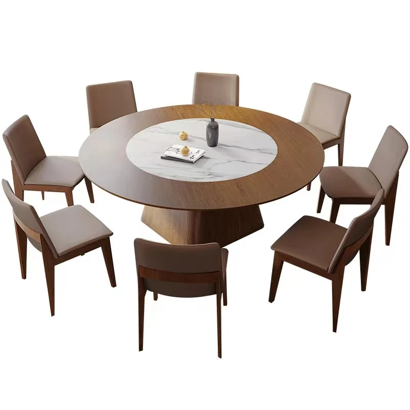 Large Round Wooden Top Dining Table For 12 People With Solid Wood Walnut Ribbon Embedded In