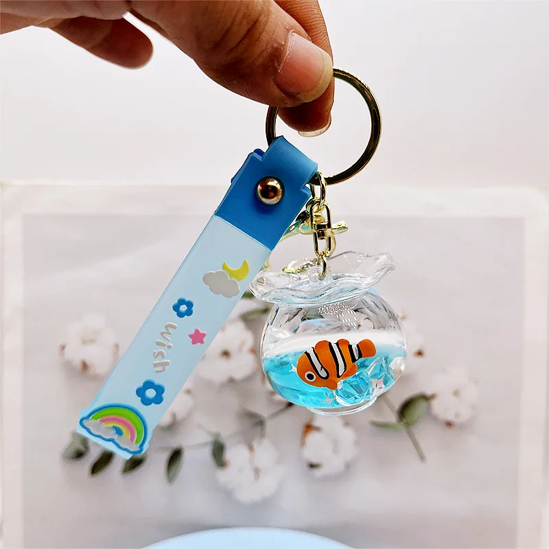T740 Miniature Ocean Floating Liquid Fish tank 3D Bag Charm Acrylic Transparent Promotional Keychain