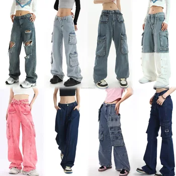 2024 Hot Custom Ladies Baggy Pant High Waist Fashionable Pocket Denim Jeans Oversize Women's Cargo Jeans Pants