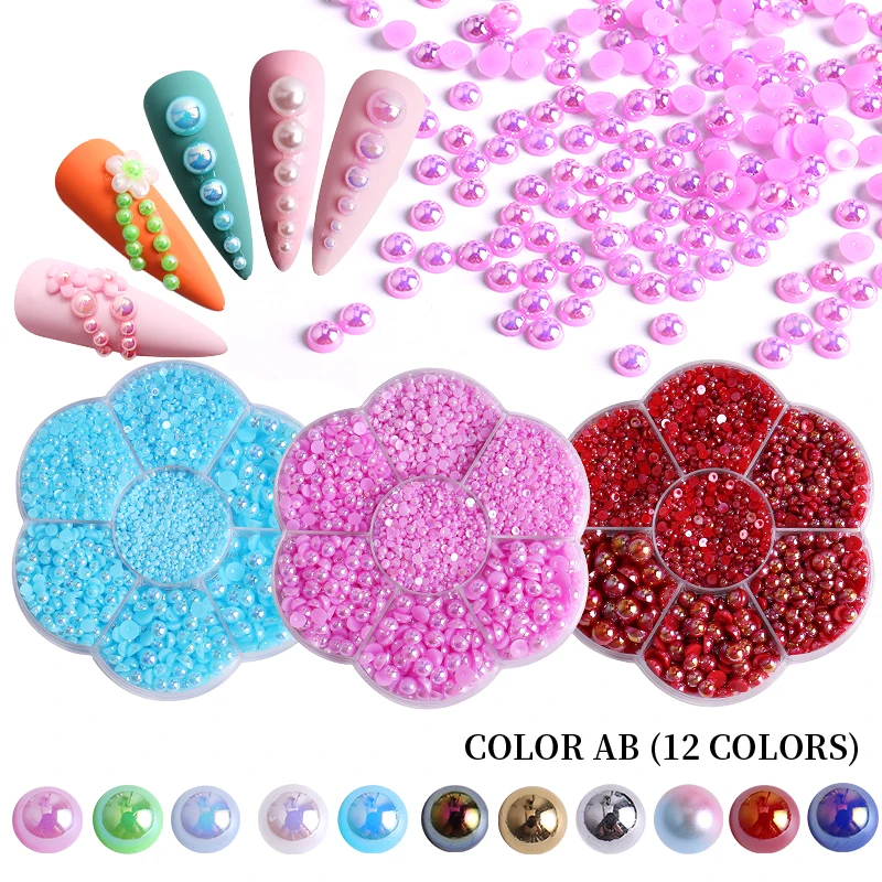 AB Flat Back Nail Diy Charms Bling Accessories Mix Size Semicircle Pearl Nail Art Decoration