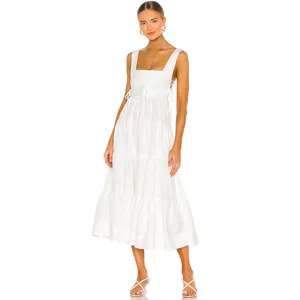 2026 OEM Summer New Casual Linen Solid Color White Bohemia Lace up Tiered Midi Dress for Women