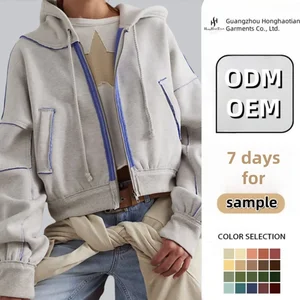 ODM OEM Custom Logo Embroidered Winter Casual Grey Full Zip Front Pullover Drawstring Reverse Side Oversized Hoodie