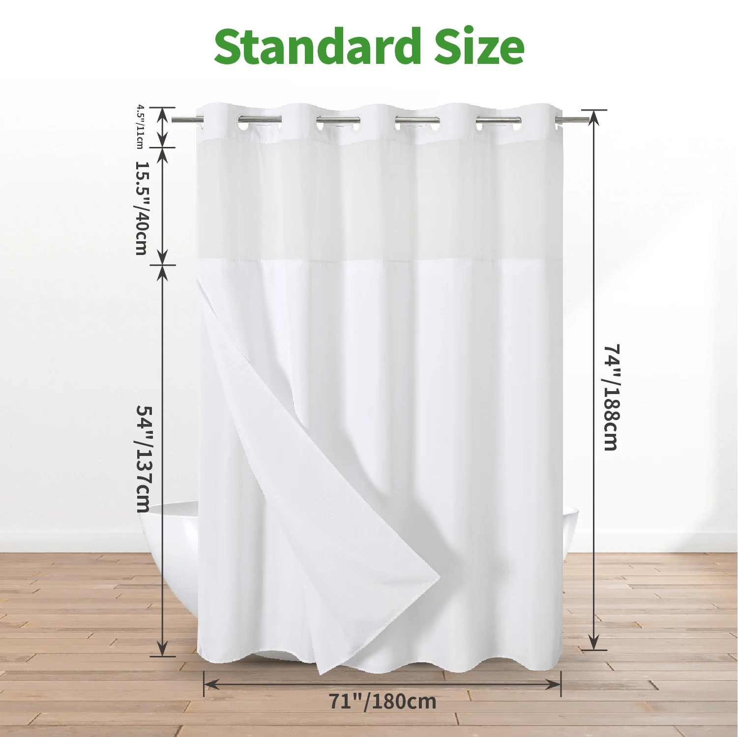 Hookless Bamboo Textured Shower Curtain with Embedded PEVA Lining Set with Transparent Window Waterproof Hotel Shower Curtain