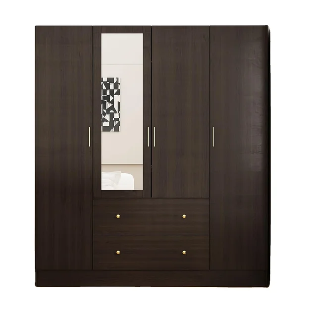 Hot Selling Wooden 4 Door Wardrobe Closet Storage Cabinet For Bedroom 2 Drawers Wardrobe Clothes Organizer with Mirror