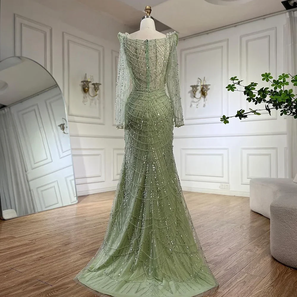 2025 Sage Green Pearls Beaded Luxury Evening Dresses Serene Hill LA72660  Long Sleeves Sweetheart Mermaid Party Gown for Women