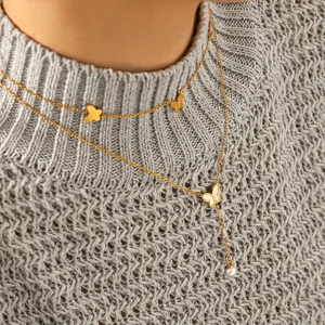 MW Women Fashion Butterfly Pearl Pendant Chain Link Necklace Stainless Steel Non-fading Sweater Chain Daily Wear Jewelry