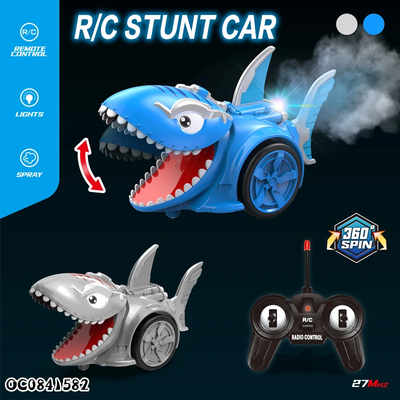 Kids 5CH Rotation Mist Spray Remote Control Shark Smoking Rc Car Toy With Light