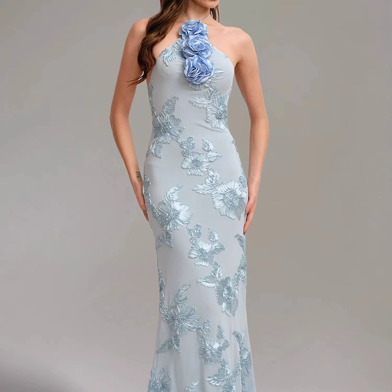 Bella Barnett Blue Flower Halter Maxi Dress - Elegant Party & Prom Wear for  Women | Stylish Blue Prom Dresses