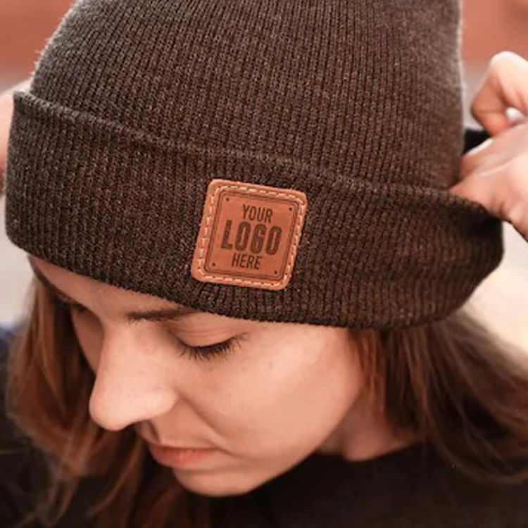 Sustainable Custom Patch Beanie initials Leather Leatherette Vegan Laser Engraved Customized Monogram Winter Hat Logo Swag Rivet Tag Hat Rust / Black/