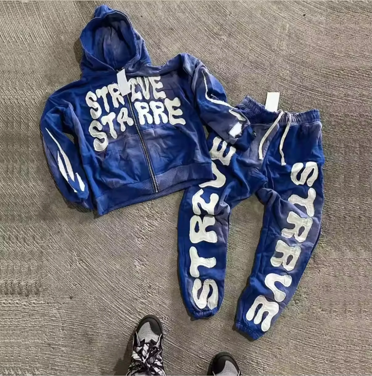 Custom Streetwear Jogging Suits 2 Piece Flare Sweatpants and Hoodie Set Men Distressed Vintage Acid Wash Tracksuit for Men gallery 2