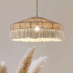 Wabi-Sabi Handcrafted Tassel Macrame Woven Pendant Light Twine Braid Rattan Led Rattan Chandelier