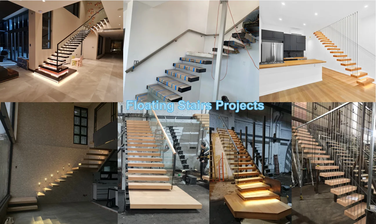 Fancy design floating embedded steel stringer white oak tread with led lights cantilever stairs with railings details