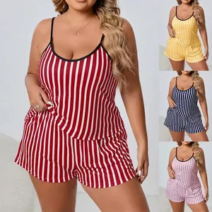 Best-selling Two-piece Pajamas, Sleeveless, Elastic Waistband, Striped Pattern, Plus Size, Women's Summer Style
