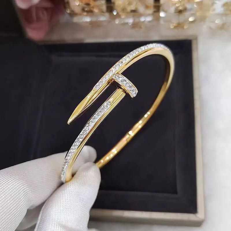 Designer Inspired Jewelry Branded Non Tarnish 18k Pvd Gold Plated Stainless Steel Cz Diamond Nail Bangle Bracelet  for Women