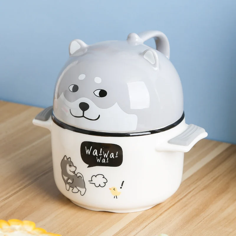 Japanese Style Ceramic Cartoon Dog Pig Cat Cookware Soup Casseroles Mini  Cooking Pot with Bowl Lid