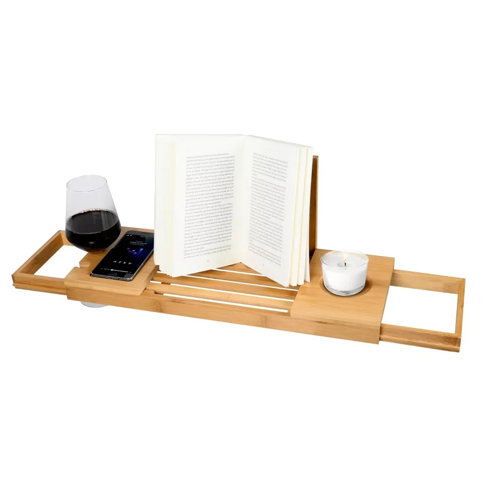 product bamboo bathtub caddy extendable bath tray with wine glass phone book holder luxury spa bathroom organizer for relaxing bath-9