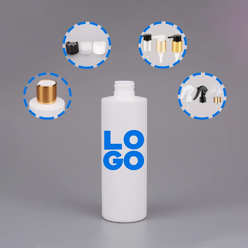 250ml HDPE Lotion Container Cylinder Flat Shoulder Cosmo Round Lotion Shampoo and Conditioner Plastic Bottles With Pump Cap
