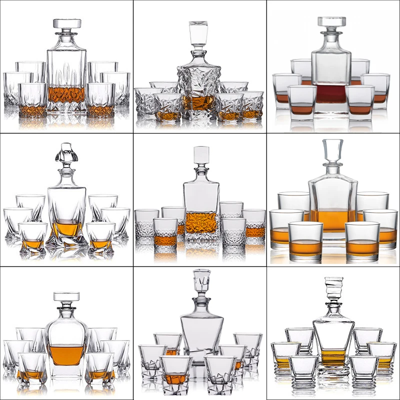 HUAHANG Custom Etched Crystal Glass Liquor Rock Whisky Decanter Set 5 Pack Old Fashioned Whiskey Wooden Gift Box Transparent