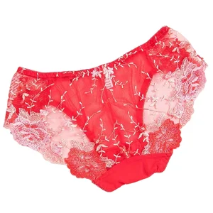 Wholesale Women Flower Embroidered Panty Mid-Rise Romantic Knitted Plain Dyed Mesh Hipster Underwear