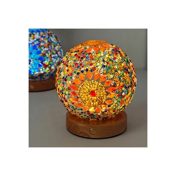 China Wholesale Round Lamp USB Plug Wooden Base Mosaic Glass Night Light Home Decoration Bohemian Small Night Light