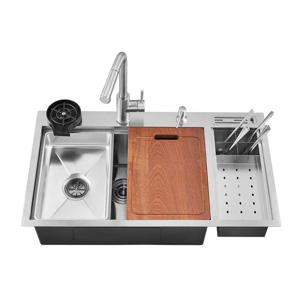 Tik Tok Trends Multifunctional Sinks Waterfall Kitchen Handmade Sink Stainless Sink With Colander Cup Washer Customized Sizes