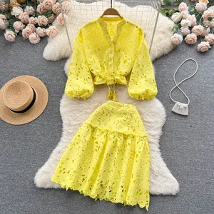 Wholesale 2026 Fashion Western Style Summer Style Reduction Hollow Lantern Sleeve Shirt Half Body Skirt Women's Set