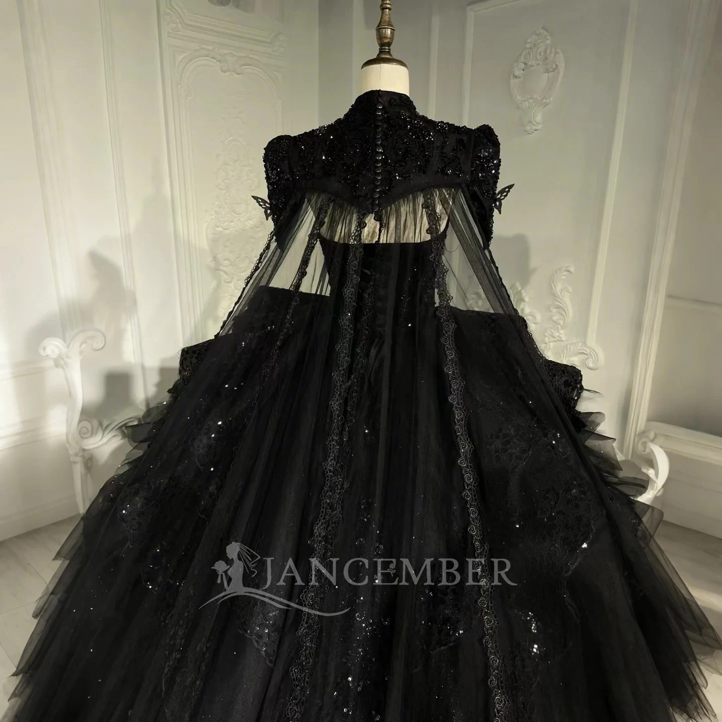 Elegant Black Gothic Ball Gown Exquisite Beaded Evening Dress With Ruffled  Layers and Cape Lslm17
