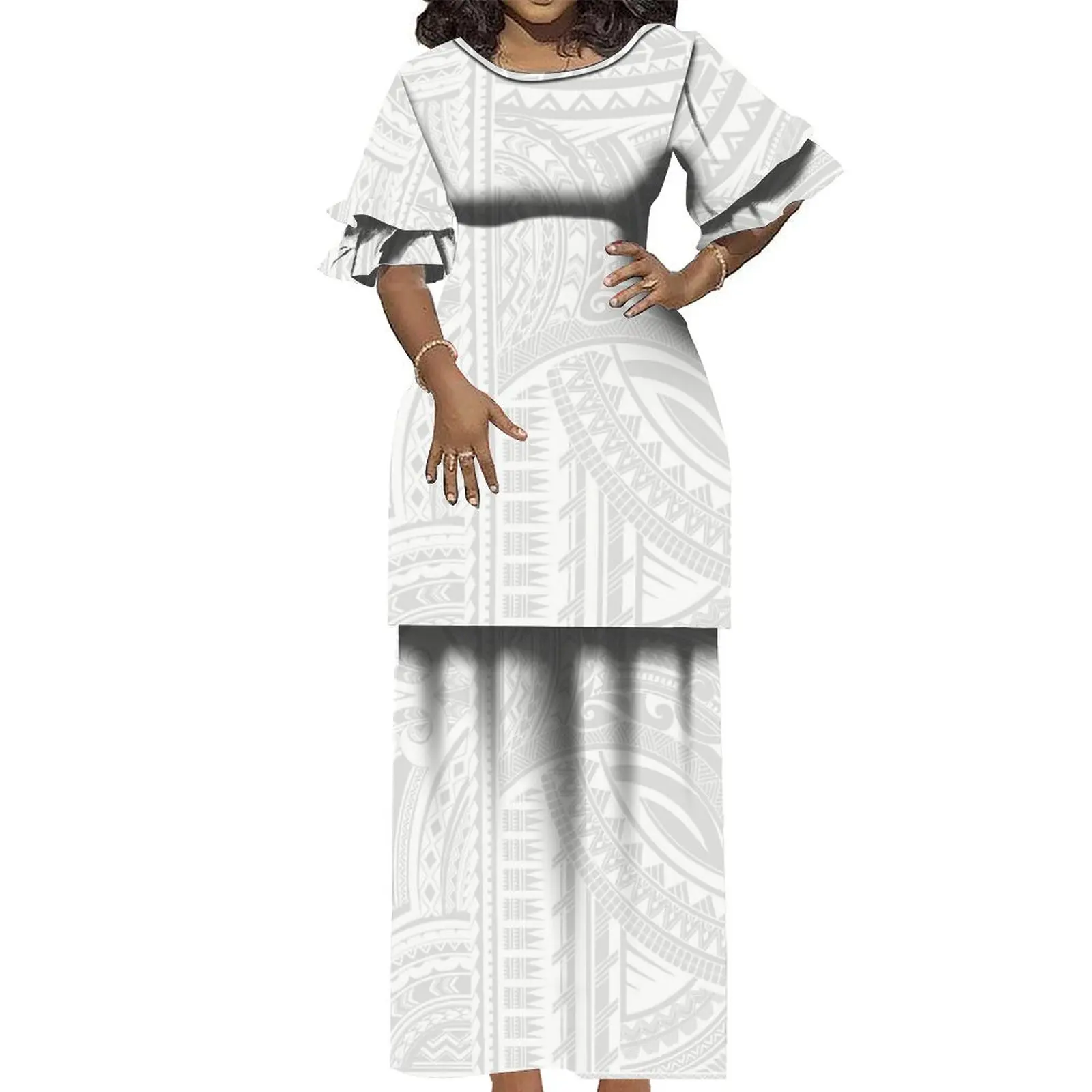 White Sunday Design Mother's Day Custom Polynesian Tribal Ruffle Half Sleeve Dress Two Piece Set Outfits Samoan Puletasi Dress White Sunday Design Mother's Day Custom Polynesian Tribal Ruffle Half Sleeve Dress Two Piece Set Outfits Samoan Puletasi Dress