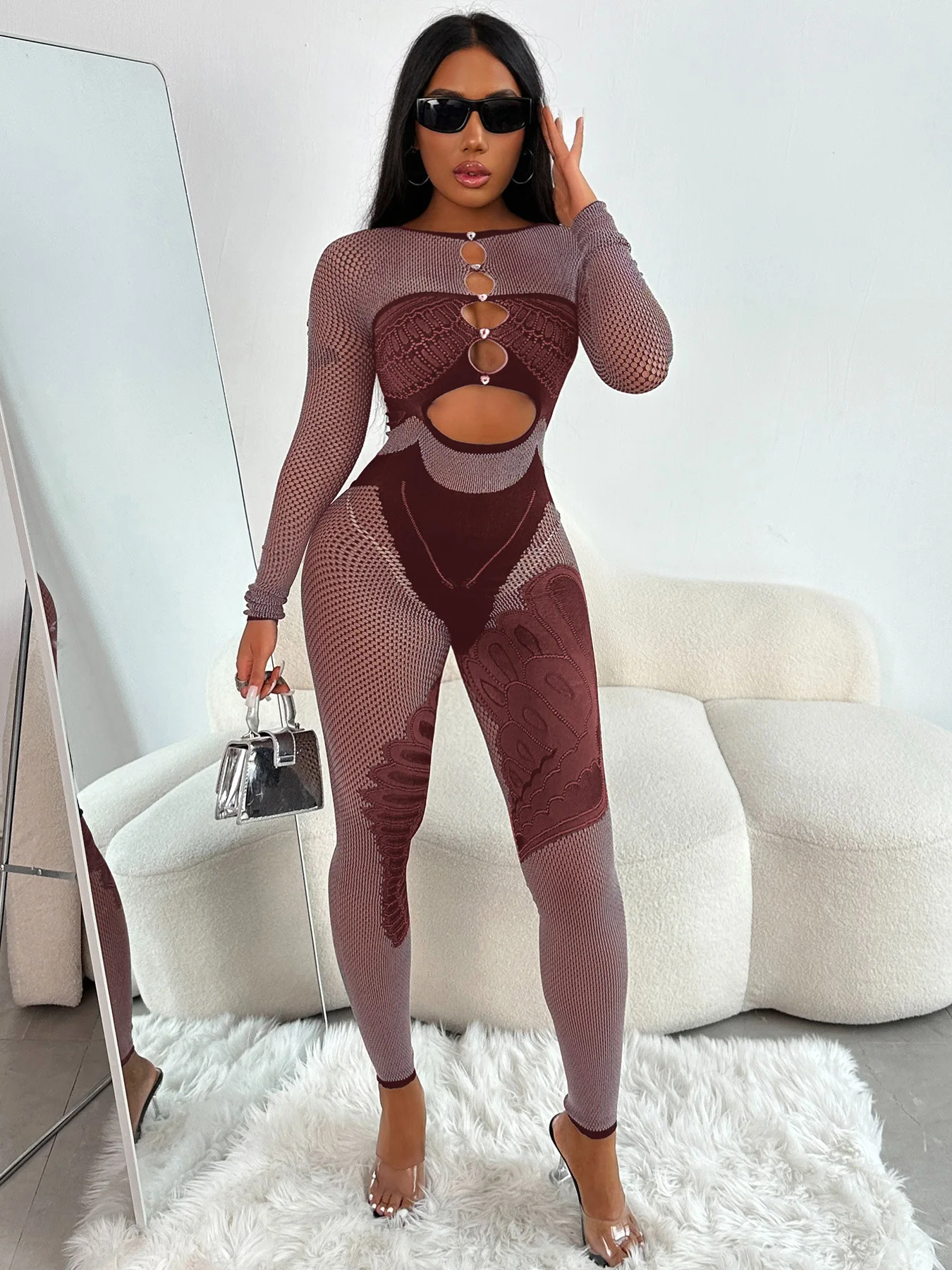 Hollow Thick Lace Sexy Jumpsuits Women Patchwork Mesh Sheer Bodycon Rompers  Female One Piece Clubwear Playsuits