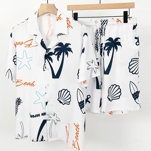 Summer Casual Beach Style Men's Loose Suit Fashionable Hawaiian Print Shirt Shorts Two-piece Set