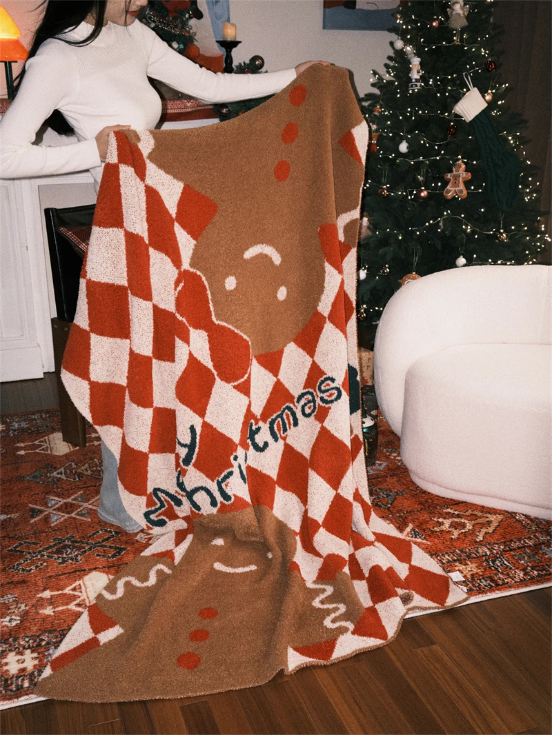 Christmas Gingerbread Man checker  100% microfiber yarn double side super cozy knit blanket supplier