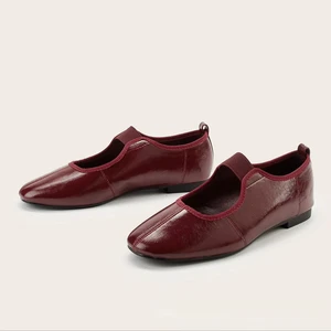 BUSY GIRL CXX174 Women's Burgundy Patent Leather Ballet Flats Slip-On Sandals Round Toe Mary Jane Sandals for Ladies