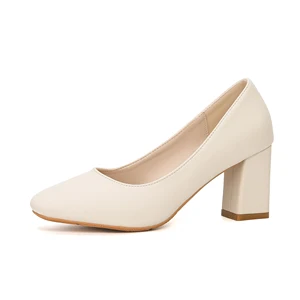 Elegant Ivory Microfiber Office Shoes Slip-On 7cm Square Heel Pumps for Women Summer Comfort Solid