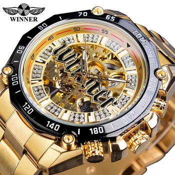 Winner Men Steampunk Fashion Golden Open Work Transparent  Automatic  Wristwatch Mechanical Top Brand Luxury Luminous