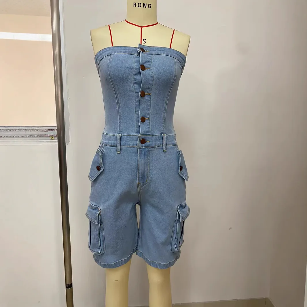 GX2437 Fashion 2025 Summer Women's Tube Denim Jumpsuit