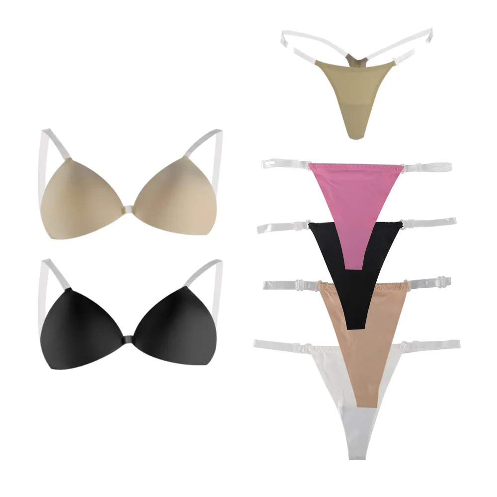 Sexy Triangle Invisible Wire Free Bra with Transparent Strap Matching Bra and Panty Set Breathable Bralette & Thong Set