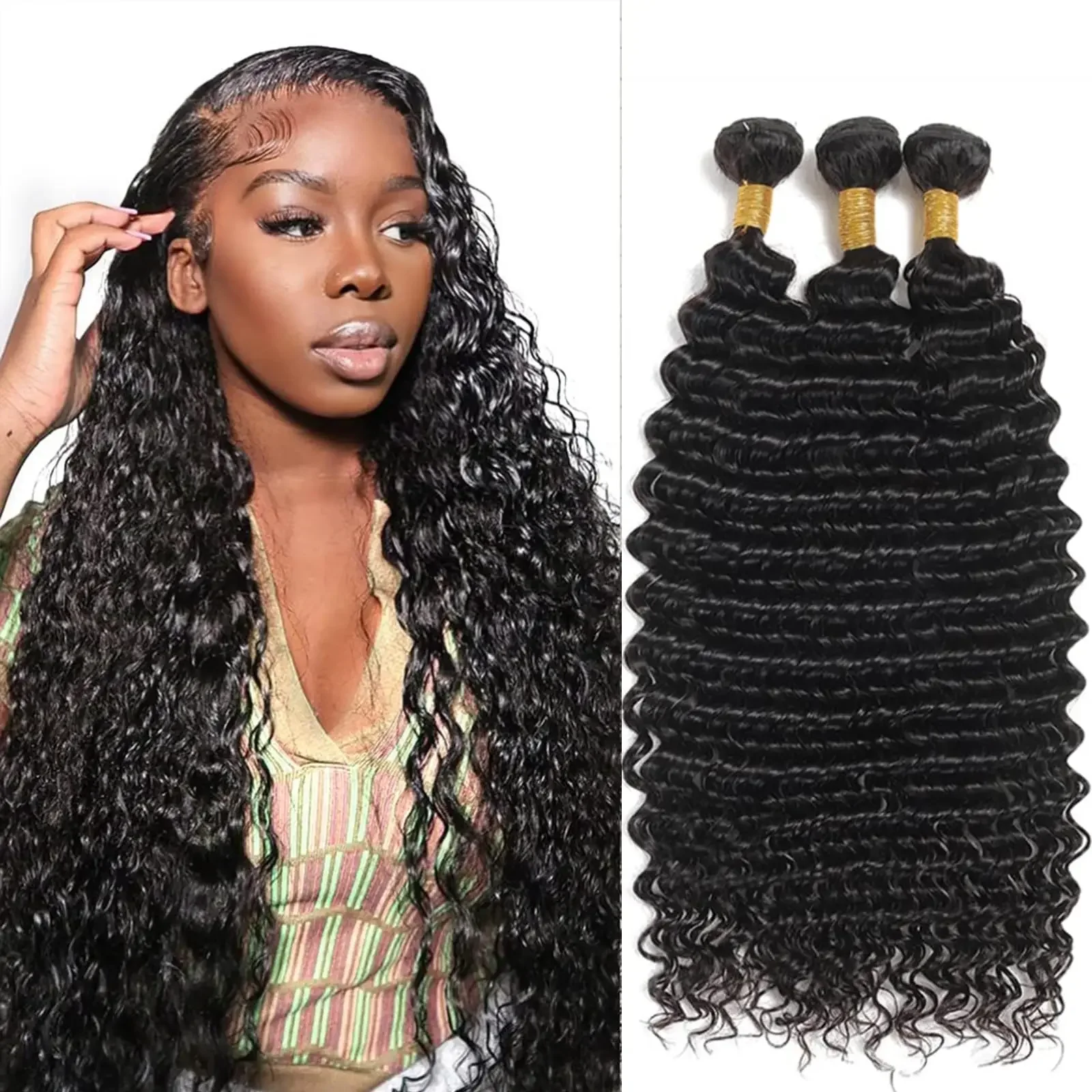 Cheap Deep Wave Bundles Human Hair Indian Hair Weave Curly Extensions Natural Color Jet Black 30 32_voghion.com