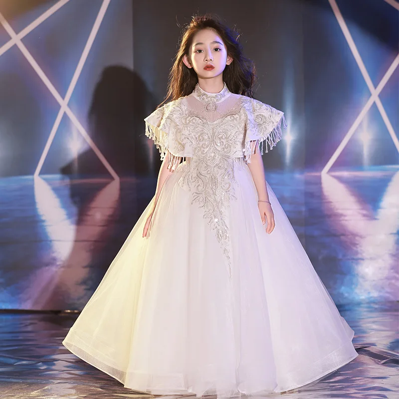 Kids Elegant Dresses for Girls Long Tail Wedding Dress Fluffy Girl First  Communion Lace Sleeveless Long Evening Dress