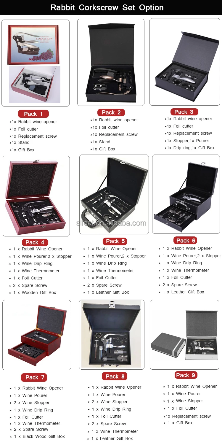 Leather Box Vertical Lever Corkscrew Bottle Openers Wine Tool Set Rabbit Wine Opener Set with Foil Cutter Wine Pourer Stopper