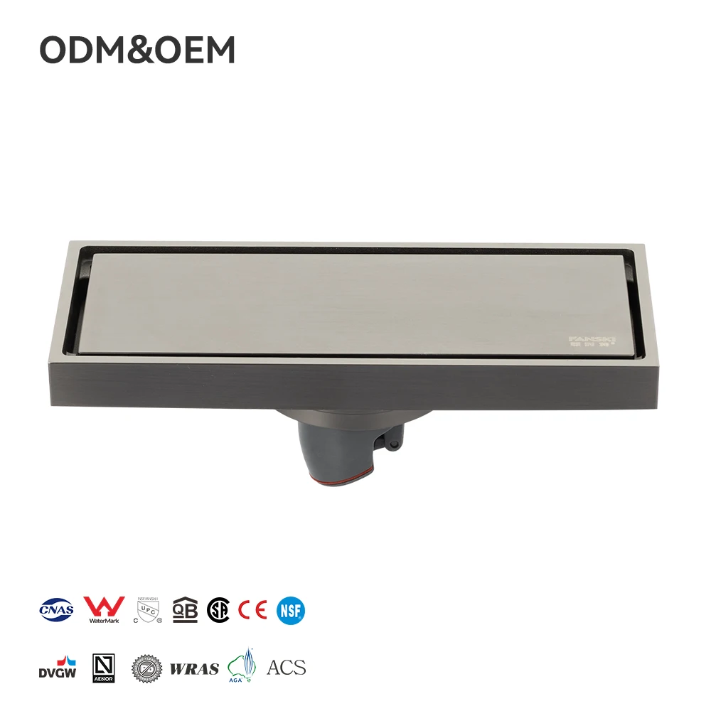 FANSKI 80*200mm Gun Gray Concealed Invisible Tile Shower Straight Brass Floor Drain Modern Bathroom Rectangle Design Odor