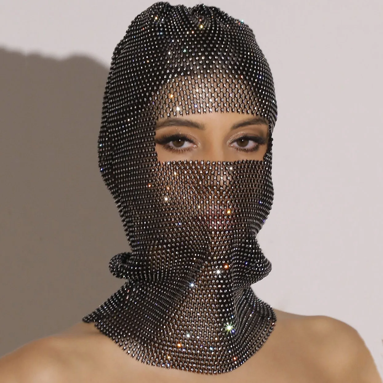 HZM-24171 Hot Nightclub Hollow Hat Grid Mesh Rhinestone Mask Head