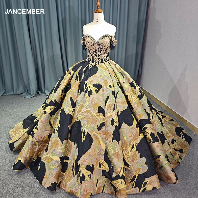 Floor Length Ball Gown Gold Flowers - 6758 Quinceanera Dress