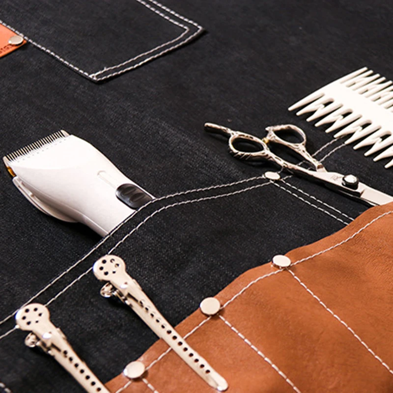 GREMBIULE DA BARBIERE PARRUCCHIERE IN COTONE JUTA CON INSERTI IN Ecopelle Mod Hidalgo Carbon - Foto 5