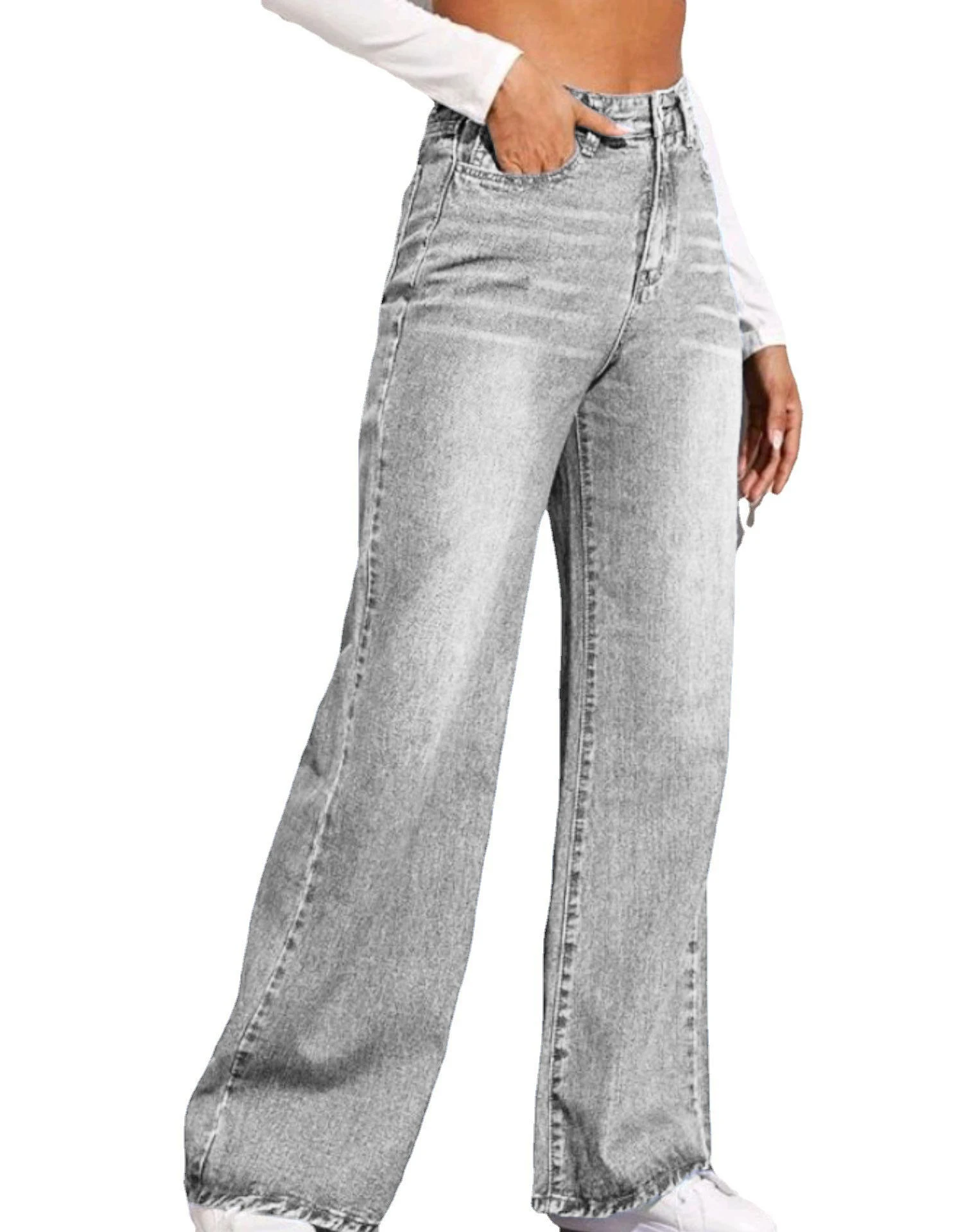 Wholesale New Design Wide Leg Casual Loose Jeans Full Length Straight Boyfriend Jeans for Women Zipper Fly details