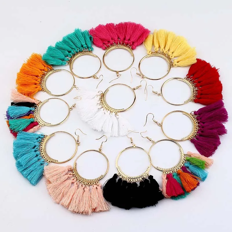 Charm Big Round Boho Tassel Earrings Colorful Ethnic Long Tassel Women Earrings 